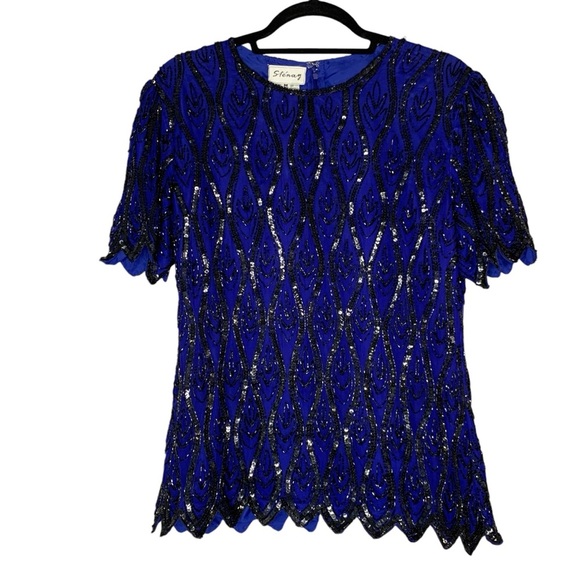 Stenay silk blue‎ cocktail evening blouse with black sequins and beading. Size M - Picture 1 of 11